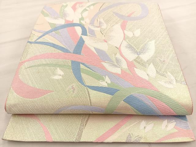 平和屋着物◎六通柄袋帯 唐織 プリズム箔 九百錦 舞蝶文 正絹 逸品 BAAT7086ph