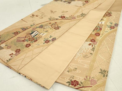 平和屋着物◎六通柄袋帯 御所車花文 金糸 正絹 逸品 DAAS7220xg