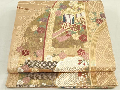 平和屋着物◎六通柄袋帯 御所車花文 金糸 正絹 逸品 DAAS7220xg