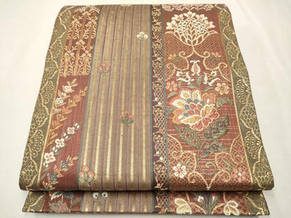 平和屋着物●六通柄袋帯 唐織 更紗花文 金糸 正絹 逸品 CAAT0841hy
