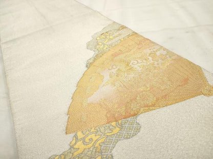 平和屋着物◎綴れ 太鼓柄袋帯 扇面花文 金糸 銀通し地 正絹 逸品 AAAV9321sg