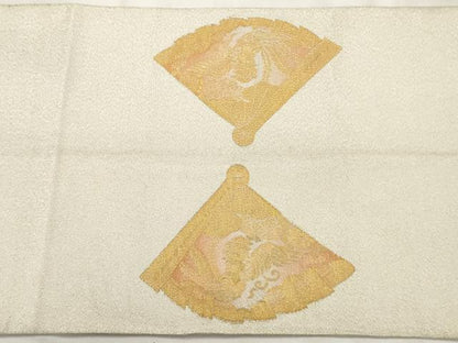 平和屋着物◎綴れ 太鼓柄袋帯 扇面花文 金糸 銀通し地 正絹 逸品 AAAV9321sg