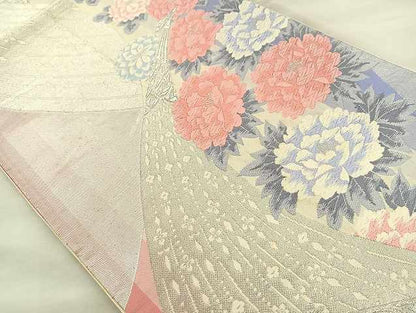 平和屋着物◎六通柄袋帯　唐織　孔雀花文　銀糸　正絹　逸品　BAAT2063ph