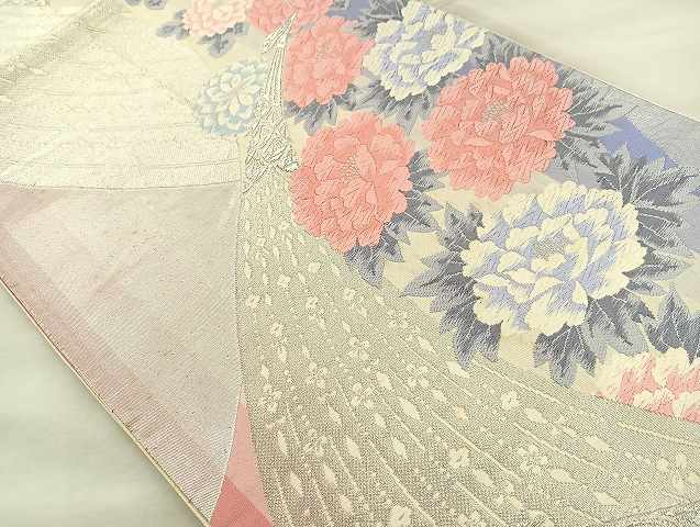 平和屋着物◎六通柄袋帯　唐織　孔雀花文　銀糸　正絹　逸品　BAAT2063ph