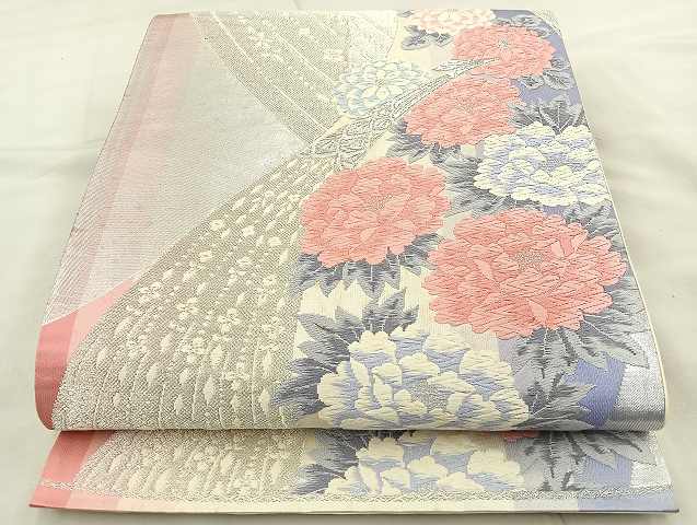 平和屋着物◎六通柄袋帯　唐織　孔雀花文　銀糸　正絹　逸品　BAAT2063ph