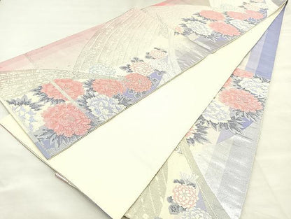 平和屋着物◎六通柄袋帯　唐織　孔雀花文　銀糸　正絹　逸品　BAAT2063ph