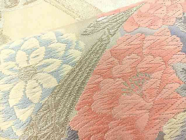 平和屋着物◎六通柄袋帯　唐織　孔雀花文　銀糸　正絹　逸品　BAAT2063ph