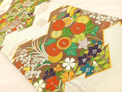 平和屋着物◎六通柄袋帯 唐織 草花文 銀糸 正絹 逸品 BAAT2117ph