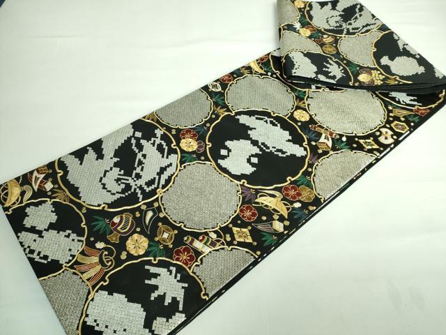 平和屋本店■極上　六通柄袋帯　駒刺繍　総刺繍　雪輪宝尽くし　黒地　金糸　逸品　DZAA6065kh5