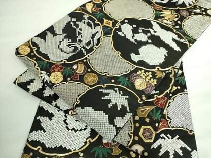 平和屋本店■極上　六通柄袋帯　駒刺繍　総刺繍　雪輪宝尽くし　黒地　金糸　逸品　DZAA6065kh5