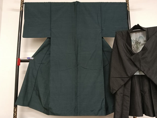 平和屋着物●男性 紬 羽織セット 着物：百入茶色 羽織：藍鉄色 正絹 逸品 AAAU4277np