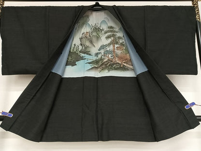 平和屋着物●男性 紬 羽織セット 着物：百入茶色 羽織：藍鉄色 正絹 逸品 AAAU4277np