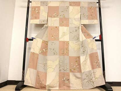 平和屋着物●創業460年・千總 小紋 駒刺繍 市松 草花 金糸 金彩 正絹 逸品 AAAU4309np