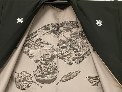 平和屋着物●男性　黒紋付　羽織セット　正絹　逸品　AAAU4339np