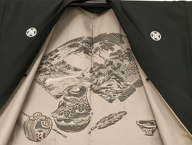 平和屋着物●男性　黒紋付　羽織セット　正絹　逸品　AAAU4339np