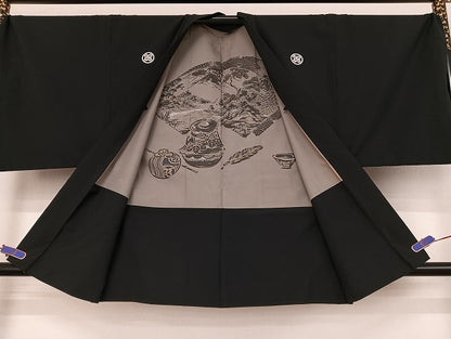 平和屋着物●男性　黒紋付　羽織セット　正絹　逸品　AAAU4339np