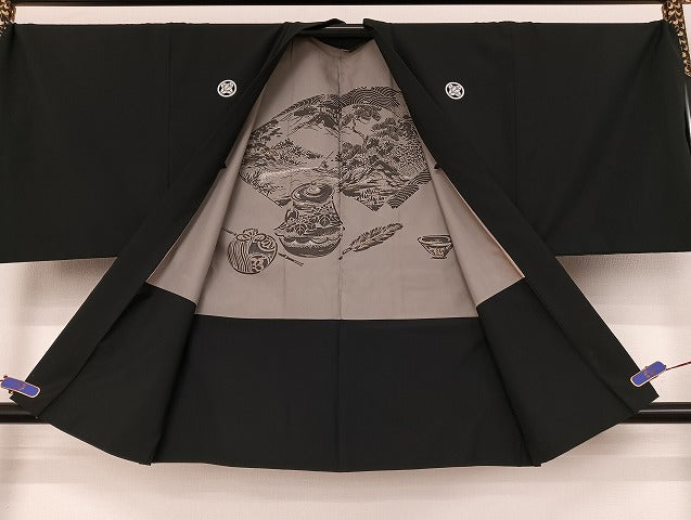平和屋着物●男性　黒紋付　羽織セット　正絹　逸品　AAAU4339np