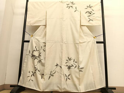 平和屋着物●訪問着　生紬地　友禅　枝花文　正絹　逸品　BAAT6637hv