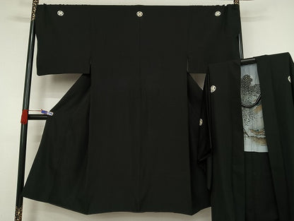 平和屋着物●男性　黒紋付　羽織セット　キングサイズ　正絹　逸品　AAAU4340np