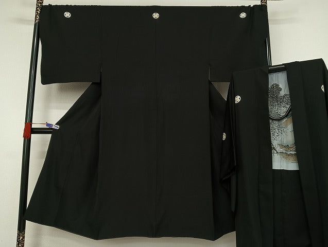 平和屋着物●男性　黒紋付　羽織セット　キングサイズ　正絹　逸品　AAAU4340np