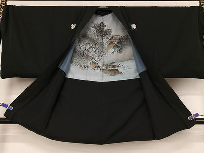 平和屋着物●男性　黒紋付　羽織セット　キングサイズ　正絹　逸品　AAAU4340np