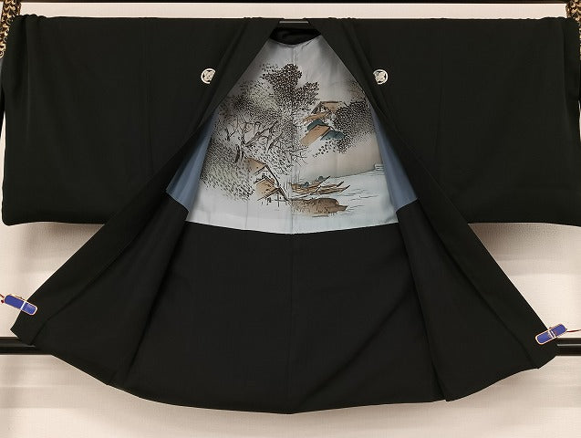 平和屋着物●男性　黒紋付　羽織セット　キングサイズ　正絹　逸品　AAAU4340np