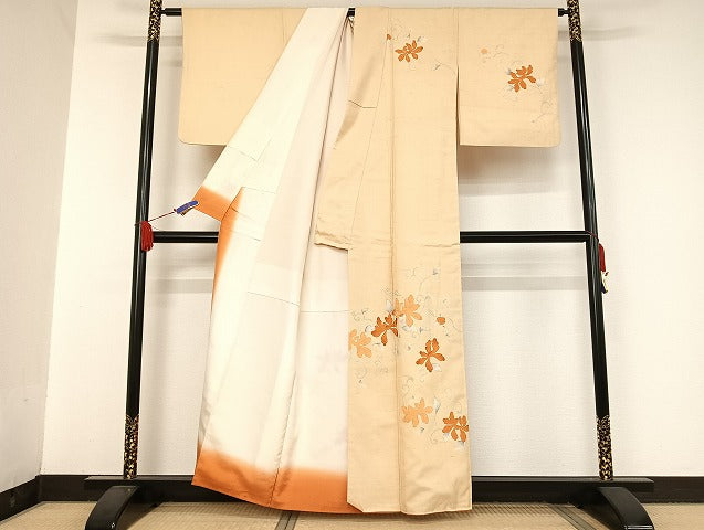 平和屋着物●訪問着 紬地 草花文 正絹 逸品 AAAU4360np