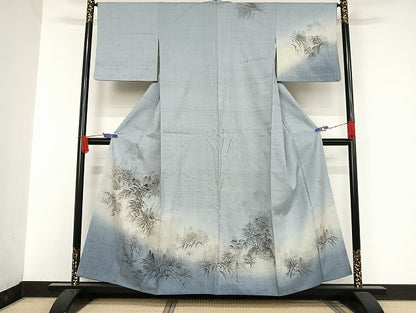 平和屋着物●訪問着 作家物 紬地 手描き 風景文 暈し染め 金彩 正絹 逸品 AAAU4362np