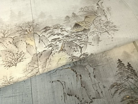 平和屋着物●訪問着 作家物 紬地 手描き 風景文 暈し染め 金彩 正絹 逸品 AAAU4362np