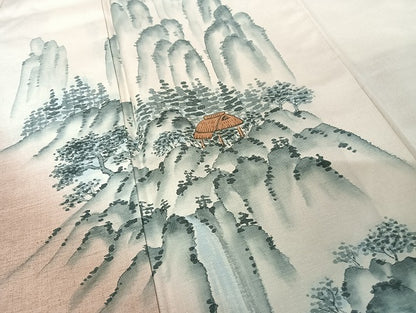 平和屋着物●訪問着　紬地　手描き　遠山風景文　正絹　逸品　AAAU4367np