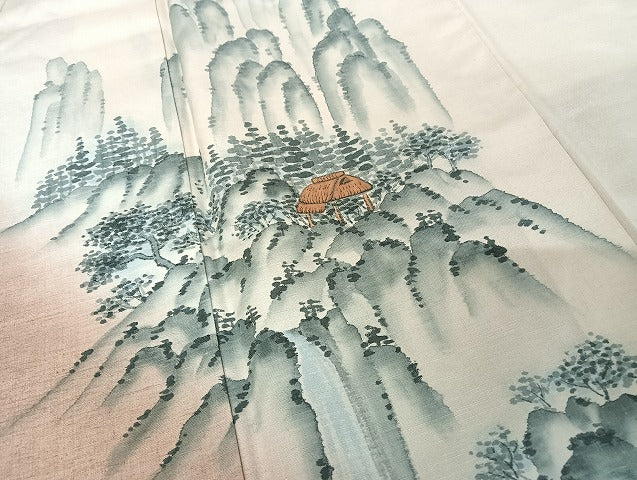 平和屋着物●訪問着　紬地　手描き　遠山風景文　正絹　逸品　AAAU4367np