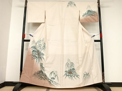 平和屋着物●訪問着　紬地　手描き　遠山風景文　正絹　逸品　AAAU4367np
