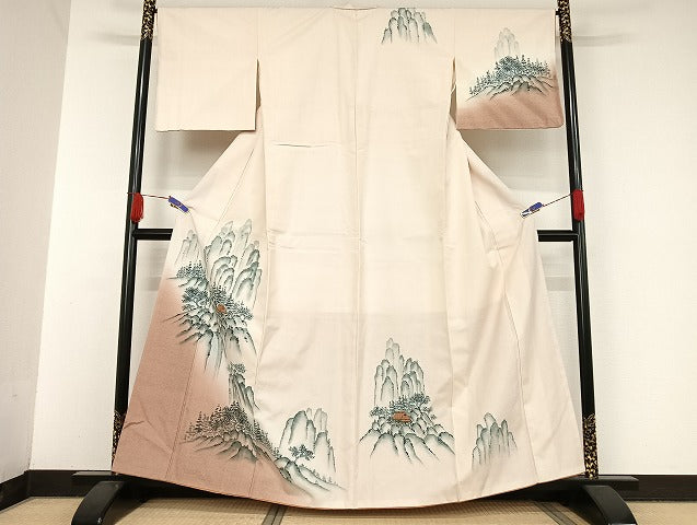 平和屋着物●訪問着　紬地　手描き　遠山風景文　正絹　逸品　AAAU4367np
