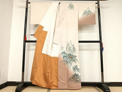 平和屋着物●訪問着　紬地　手描き　遠山風景文　正絹　逸品　AAAU4367np
