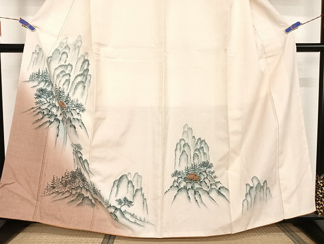 平和屋着物●訪問着　紬地　手描き　遠山風景文　正絹　逸品　AAAU4367np