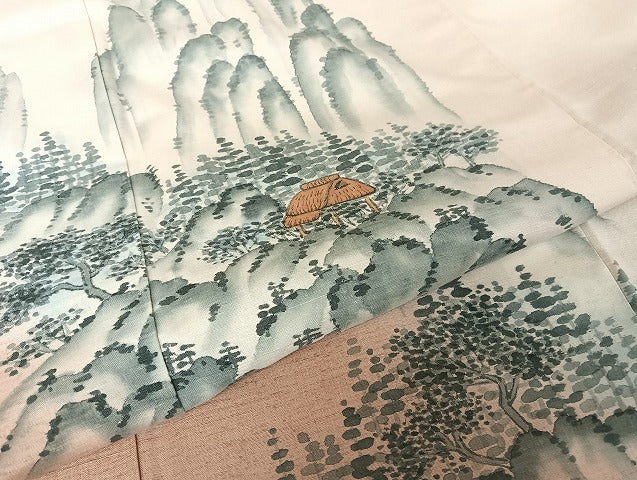 平和屋着物●訪問着　紬地　手描き　遠山風景文　正絹　逸品　AAAU4367np