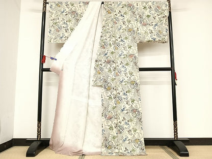 平和屋着物●嵯峨　紅型　小紋　雪輪花文　浜ちりめん　反端付き　ロング丈　正絹　逸品　AAAU4383np