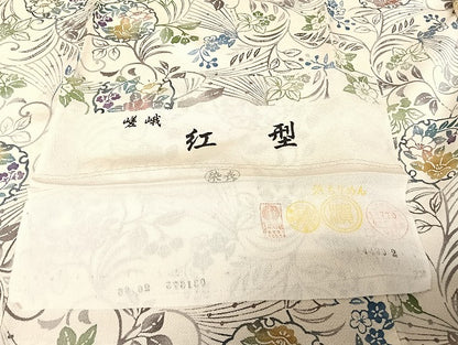 平和屋着物●嵯峨　紅型　小紋　雪輪花文　浜ちりめん　反端付き　ロング丈　正絹　逸品　AAAU4383np