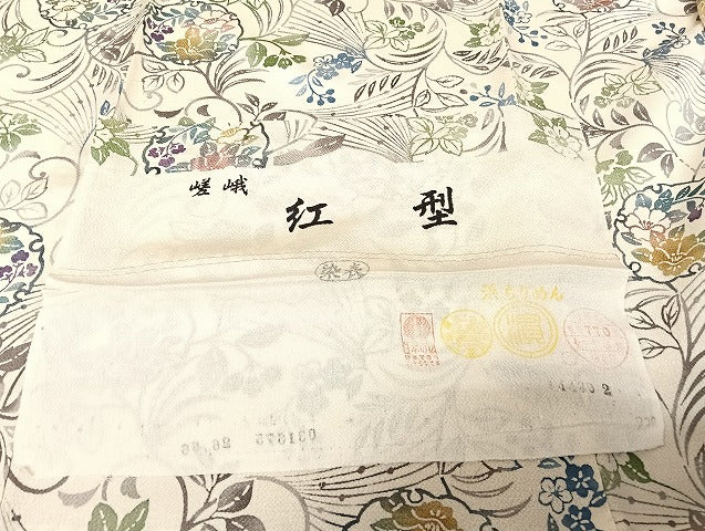 平和屋着物●嵯峨　紅型　小紋　雪輪花文　浜ちりめん　反端付き　ロング丈　正絹　逸品　AAAU4383np
