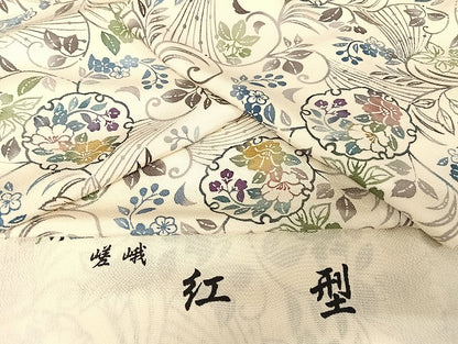 平和屋着物●嵯峨　紅型　小紋　雪輪花文　浜ちりめん　反端付き　ロング丈　正絹　逸品　AAAU4383np