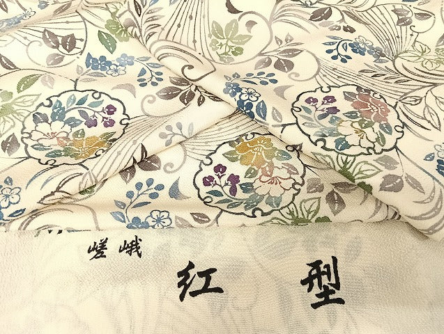 平和屋着物●嵯峨　紅型　小紋　雪輪花文　浜ちりめん　反端付き　ロング丈　正絹　逸品　AAAU4383np
