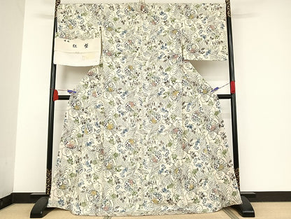 平和屋着物●嵯峨　紅型　小紋　雪輪花文　浜ちりめん　反端付き　ロング丈　正絹　逸品　AAAU4383np