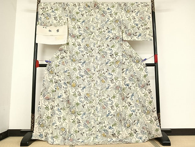 平和屋着物●嵯峨　紅型　小紋　雪輪花文　浜ちりめん　反端付き　ロング丈　正絹　逸品　AAAU4383np