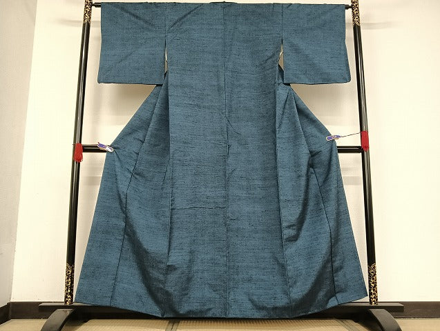 平和屋着物●上質な紬 色無地 青藍色 正絹 逸品 AAAU4388np
