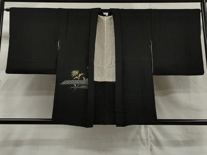 平和屋着物∞羽織 吉祥枝花文 黒地 金糸 正絹 逸品 CAAR9091id