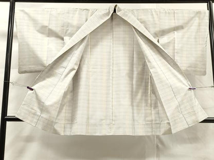 平和屋着物▽道中着　本場縞大島紬　白大島　単衣　格子柄　ロング丈　正絹　逸品　CAAR9107id