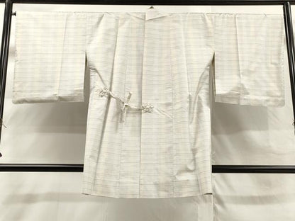 平和屋着物▽道中着　本場縞大島紬　白大島　単衣　格子柄　ロング丈　正絹　逸品　CAAR9107id