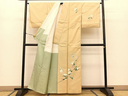平和屋着物●本加賀友禅作家 成竹登茂男 訪問着 白山紬地 白椿 正絹 逸品 BAAT0889yc