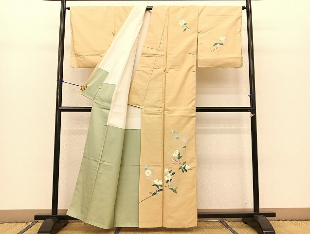 平和屋着物●本加賀友禅作家 成竹登茂男 訪問着 白山紬地 白椿 正絹 逸品 BAAT0889yc
