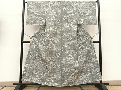 平和屋着物●上質な紬 風景秋草文 正絹 逸品 未使用 BAAT0911yc